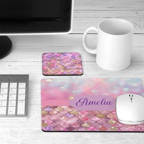 Pink Mermaid Matching Desk Set, Mousepad, Coaster, Enfants, Filles, Rose, Personnalisé