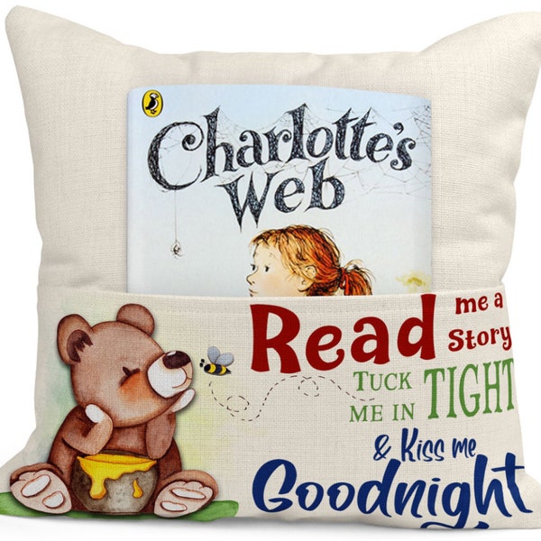 Bear Read Me a Story Pocket Pillow, All Ages, Kids Gift, Game Room, Play Room, Book Holder, Game Controller Holder, Tooth Fairy Pillow