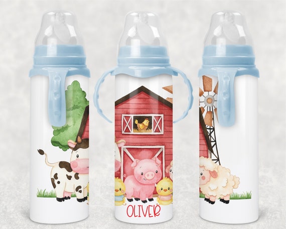 Farm Animals Stainless Steel Baby Bottle, 2 Designs, 8 Oz, Barn