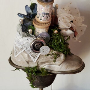 Repurposed leather baby shoe, vintage materials, lace, tulle, cottage and shabby chic, moss, floral