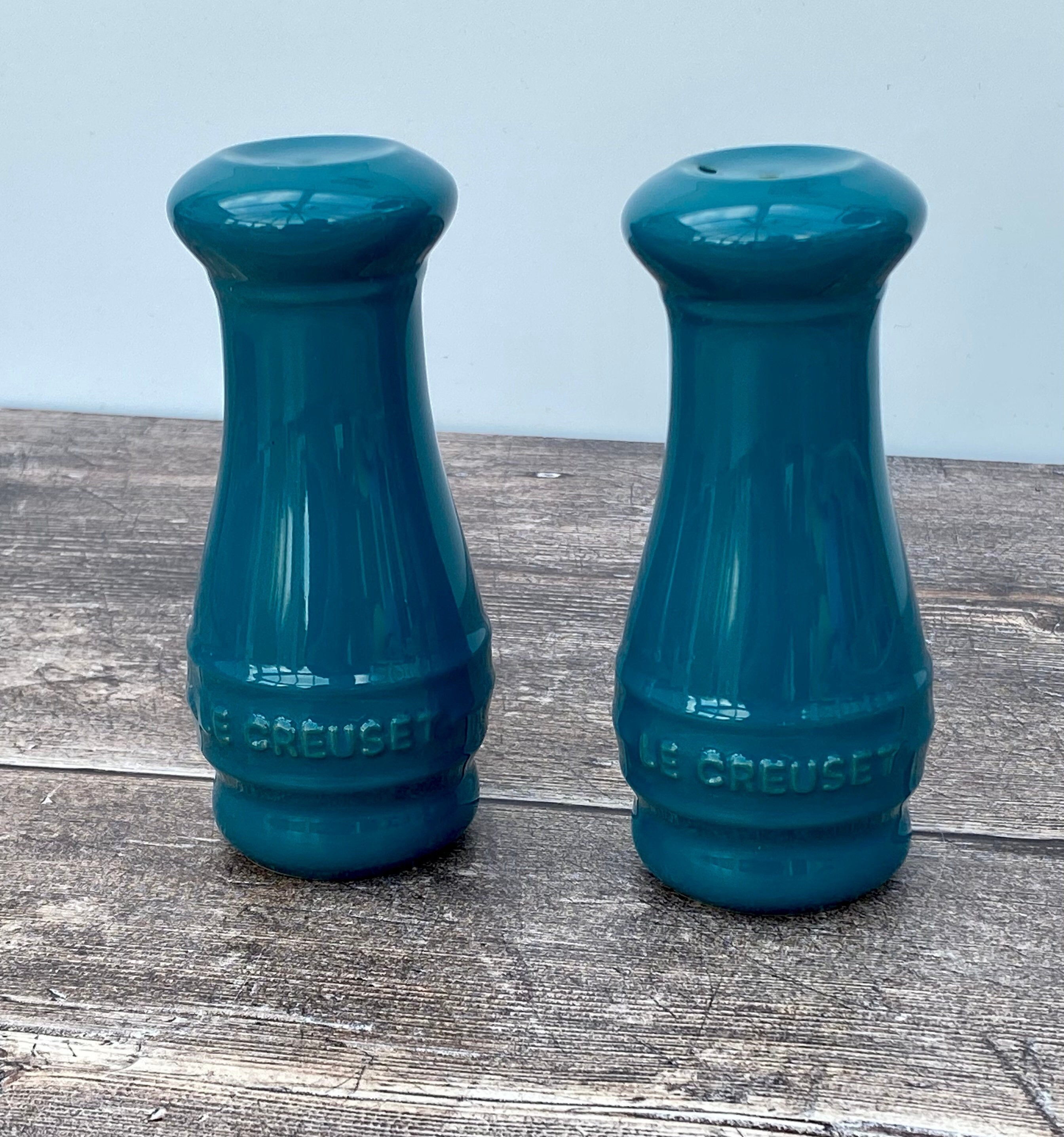 Teal salt outlet and pepper shakers