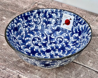 Japanese Blue & White Flower Swirl Patterned Bowl, 19cm