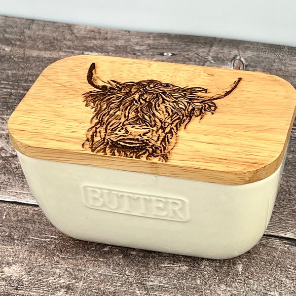 Highland Cow Patterned White Butter Dish