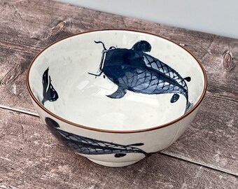 Blue & White Koi Carp Fish Patterned Bowl, 15.5cm