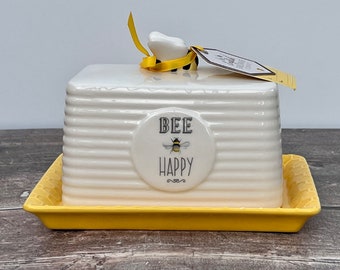 White and Yellow Bee Butter Dish