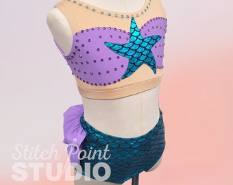 BESPOKE CUSTOM mermaid dance costume for kids, modern, jazz, acro, tap, contemporary, sleeveless two-piece with briefs, ruffles and crystals