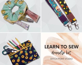 Learn to sew bundle kit, sew your own stashie scrunchie, wristlet, zip pouch, child or adult beginner sewing project kit. Craft kit
