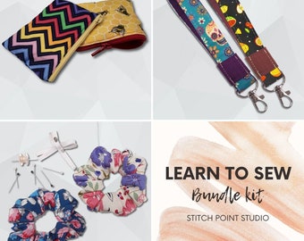 Learn to sew bundle kit. Sew your own scrunchie, coin purse, wristlet, child or adult beginner sewing project kit. Craft kit.