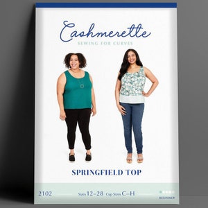 May include: A sewing pattern for a sleeveless top called the Springfield Top. The pattern is for sizes 12-28 and cup sizes C-H. The pattern is for beginners and is from the Cashmerette Sewing for Curves line.