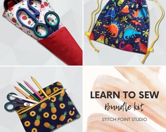 Learn to sew bundle kit, sew your own drawstring bag, zip pouch, scissor pouch, child or adult beginner sewing project kit. Craft kit
