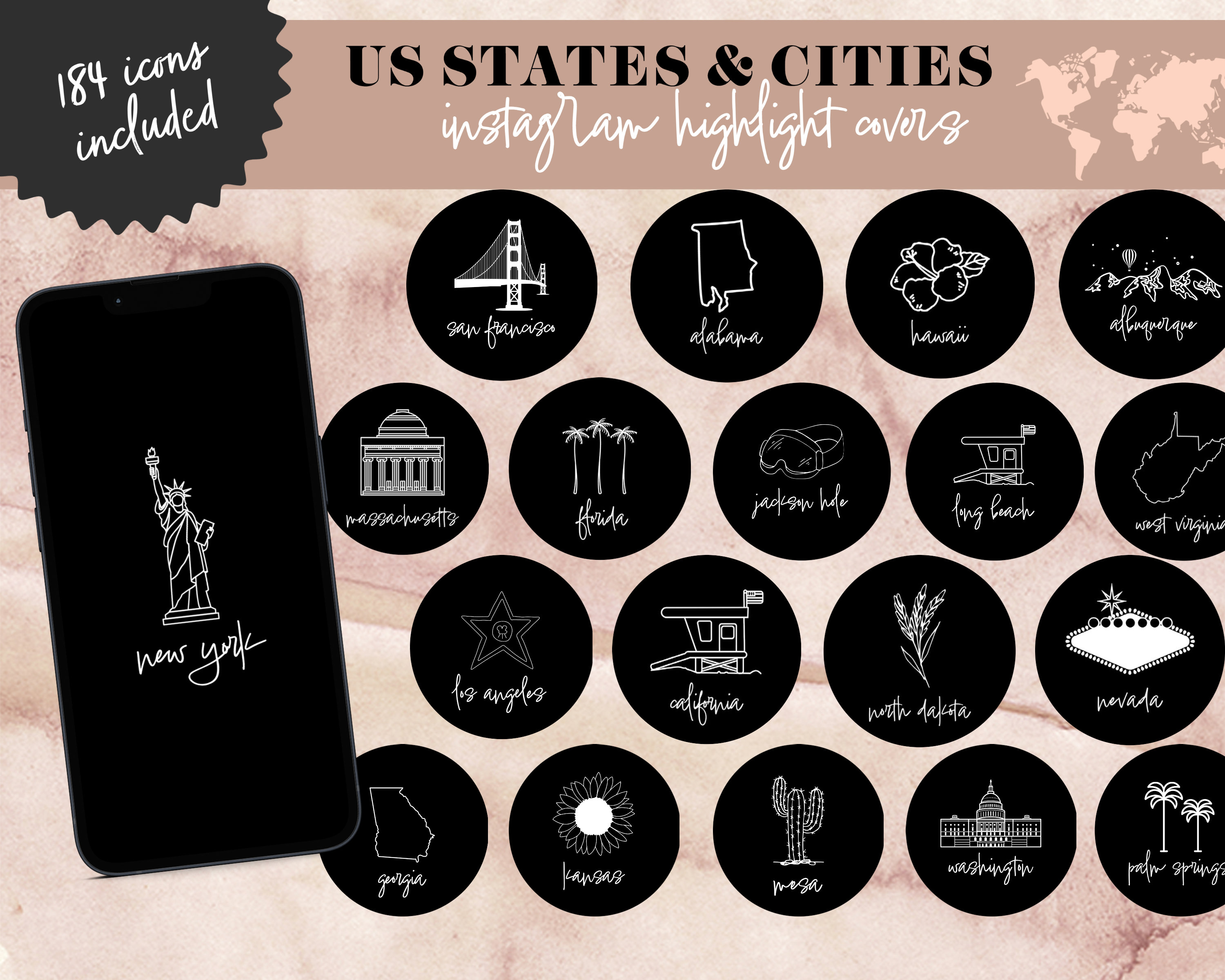 Travel Instagram Highlight Covers, US Cities & 50 States Highlights