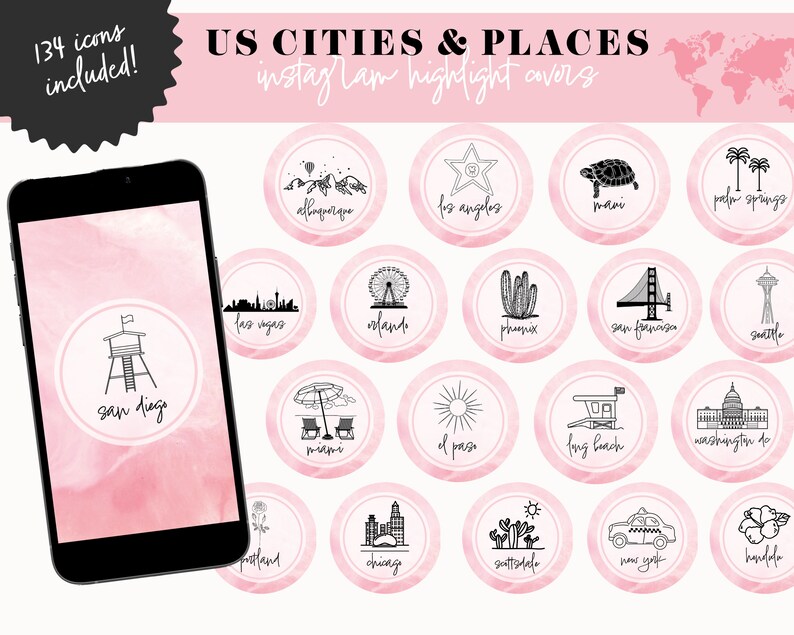 Travel Instagram Highlight Covers Popular US Cities & Etsy