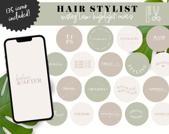 Neutral Hairstylist Instagram Highlight Covers, Green Hair Salon Templates, Hair Care Minimalist Canva Story Icons, Beauty Salon Branding