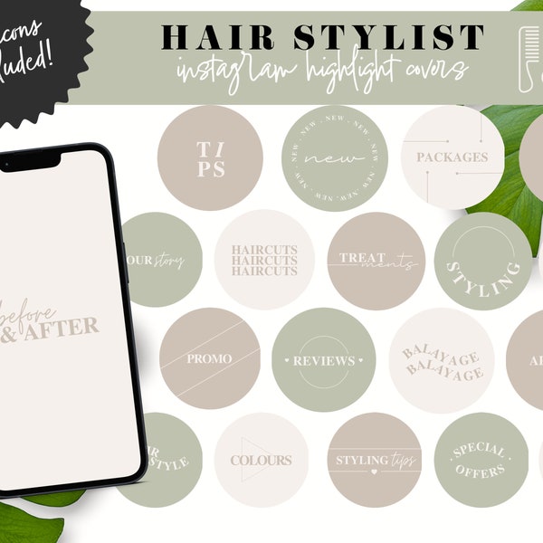 Neutrale haarstylist Instagram hoogtepunt covers, groene kapsalon sjablonen, haarverzorging minimalistische Canva verhaal iconen, schoonheidssalon branding