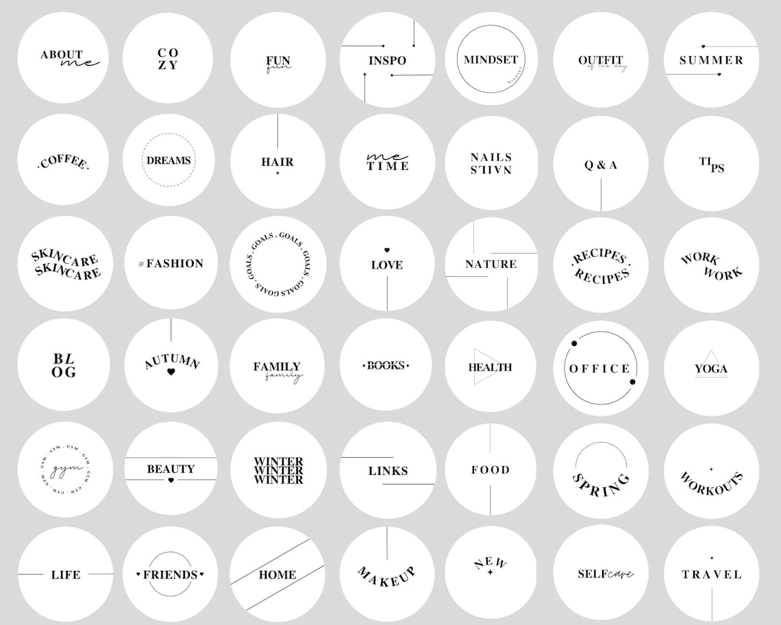 White Instagram Highlight Covers With Letters, Black Story Icons Words, Bright Minimalist Canva