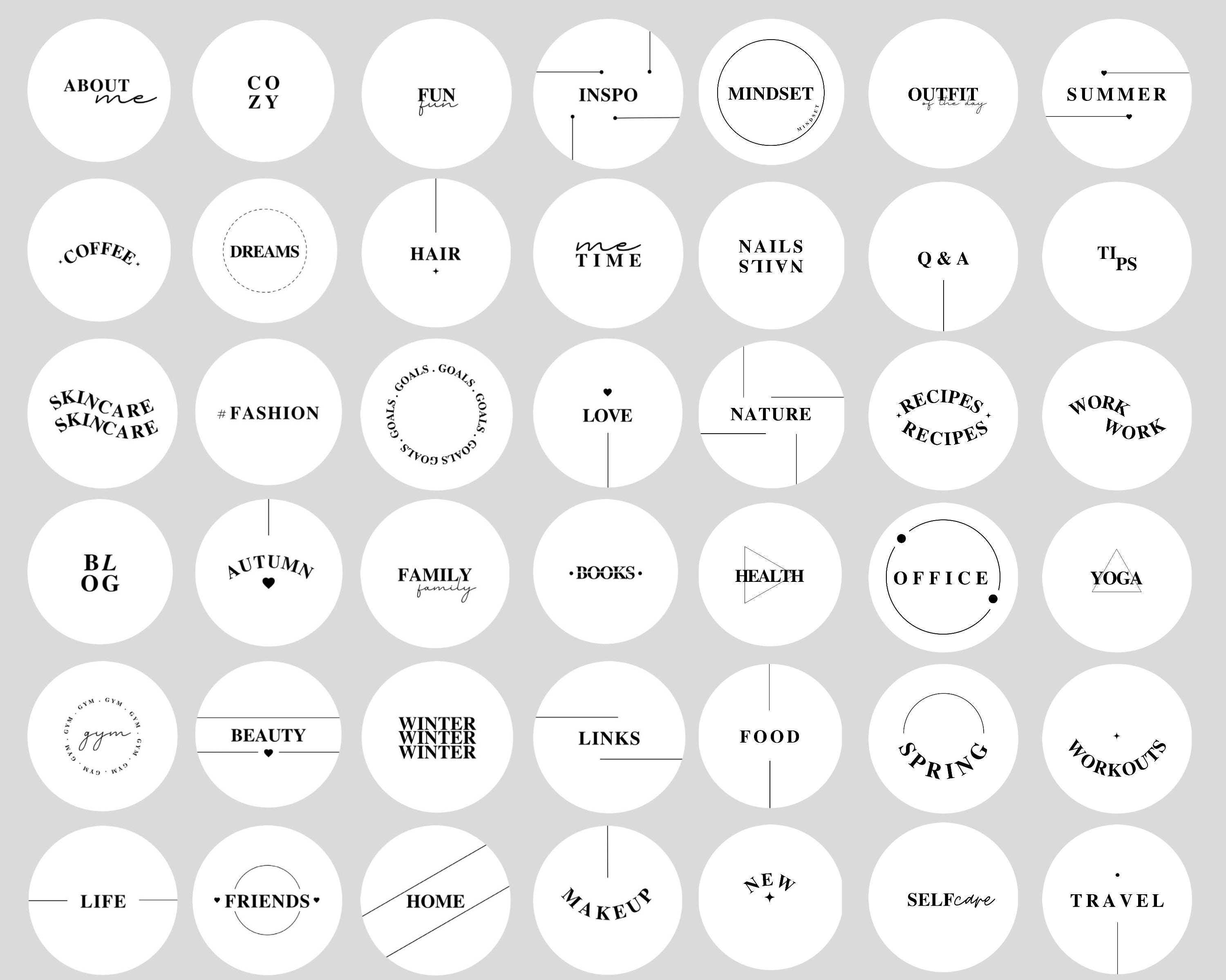 White Instagram Highlight Covers With Letters, Black Story Icons Words