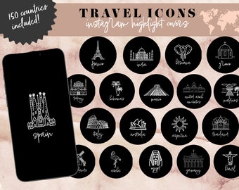 Travel Instagram Highlight Covers, Countries Instagram Story Icons, Travel Agent Logo, Modern Black and White Icons, Travel Blogger Icons