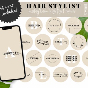Copertine per highlighter di Instagram per parrucchieri con lettere, modelli per parrucchieri, icone minimaliste per storie Canva per la cura dei capelli, branding per saloni di bellezza