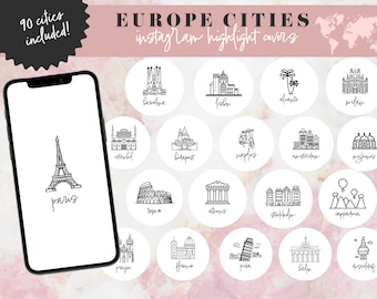 Reise Instagram Highlight Cover, Design Highlight Stadtnamen, Travel Sehenswürdigkeiten Instagram Vorlage, Europa Städte Icons, weißes Reise Logo