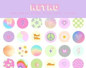 32 Groovy Bright Instagram Story Highlight Covers, Boho Retro Instagram Covers, 70s Funky Pastel Instagram Icons, Pink Purple Vintage Logo