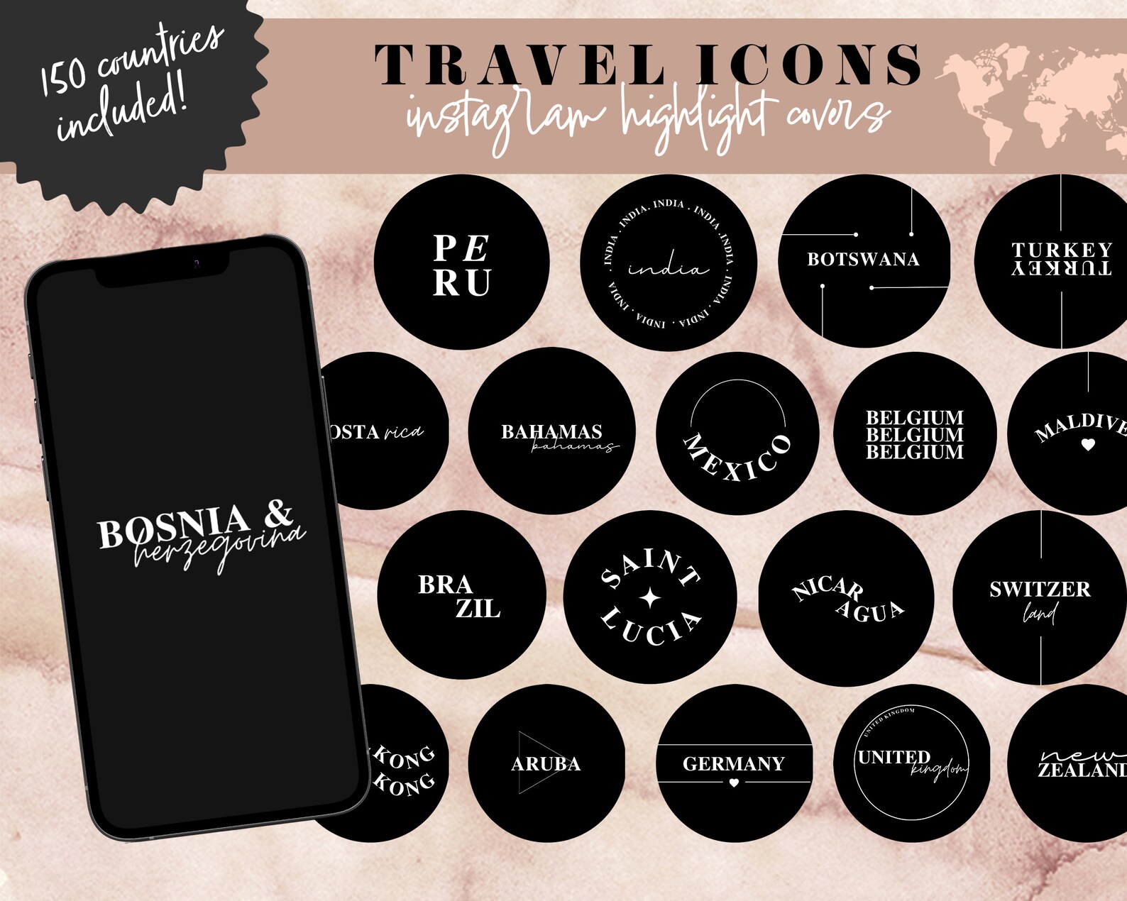 Travel Instagram Highlight Covers, Travel Agent Logo, Boho Destinations