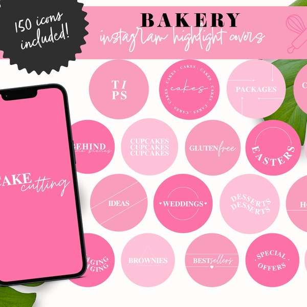 Bakery Instagram Highlight Covers with Letters, Pink Baking Templates, Cake Shop Minimalist Canva Story Icons, Boho Baking Business Branding