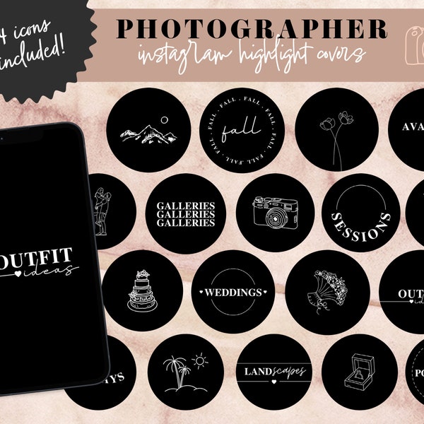 Photographer Instagram Highlight Covers, Black Editable Templates, Photography Business Canva Story Icons, Boho Modern Stickers with Letters