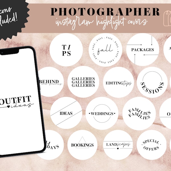 Photographer Instagram Highlight Covers, White Instagram Template, Photography Business Editable Canva Story Icon, Boho Sticker with Letters