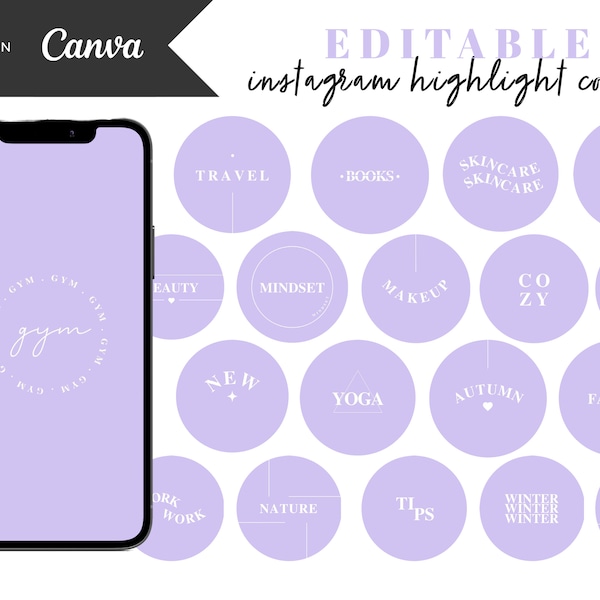 Purple Instagram Highlight Covers with Letters, Violet Modern Story Icons Words, Lilac Minimalist Canva Template, Small Business Boutique