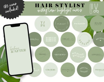 Sage Green Hairstylist Instagram Highlight Covers, Boho Hair Salon Templates, Hair Care Minimalist Canva Story Icons, Beauty Salon Branding