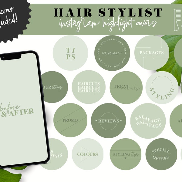 Sage Green Hairstylist Instagram Highlight Covers, Boho Hair Salon Templates, Hair Care Minimalist Canva Story Icons, Beauty Salon Branding