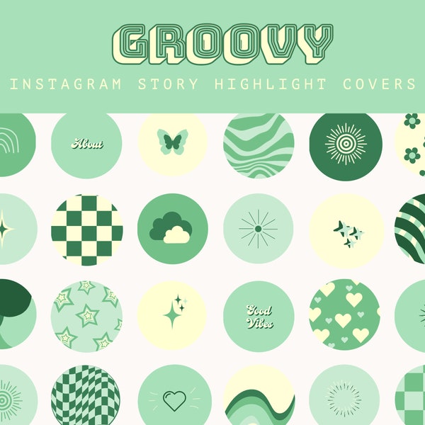 Green Retro Instagram Highlight Covers, 80s Groovy Story Covers, 90s Boho Hippie Icons, 70s Indie Funky Instagram Templates, Checkered Icons