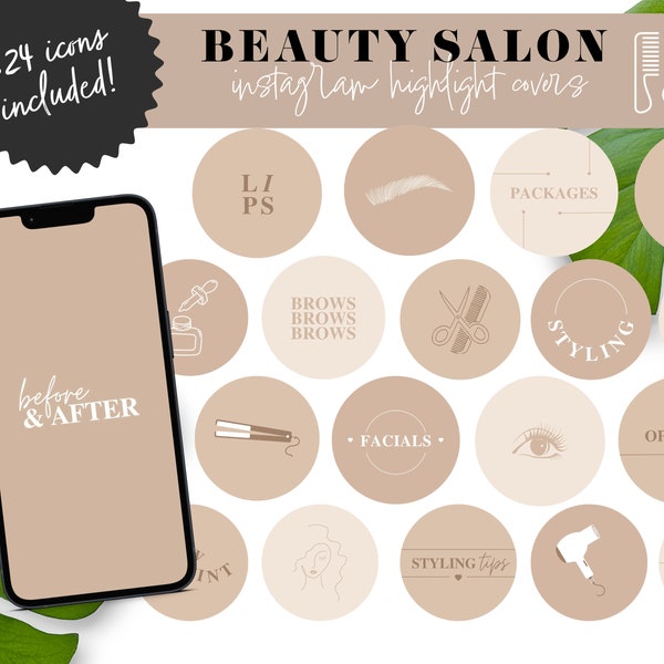 Beauty Salon Instagram Highlight Covers, Beige Esthetician Business Logos, Aesthetic Canva Story Icons, Boho Spa Cosmetic Branding Stickers