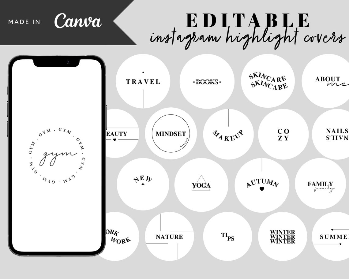 White Instagram Highlight Covers With Letters, Black Story Icons Words, Bright Minimalist Canva