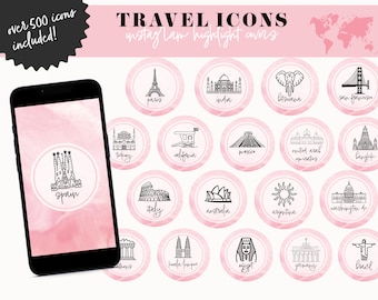 Travel Instagram Highlight Covers, Boho Pink Minimalist Instagram Story Icon, US City Travel Agent Logo, Aesthetic Destination Blogger Icons