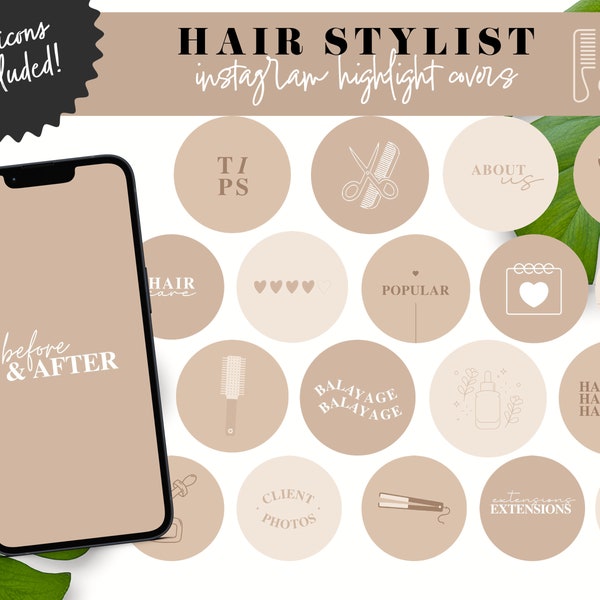 Neutral Hairstylist Instagram Highlight Covers, Beige Hair Salon Templates, Hair Care Minimalist Canva Story Icons, Beauty Salon Branding