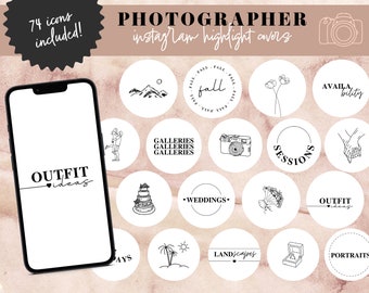 Photographer Instagram Highlight Covers, White Line Art Editable Templates, Photography Business Canva Story Icon, Boho Sticker with Letters
