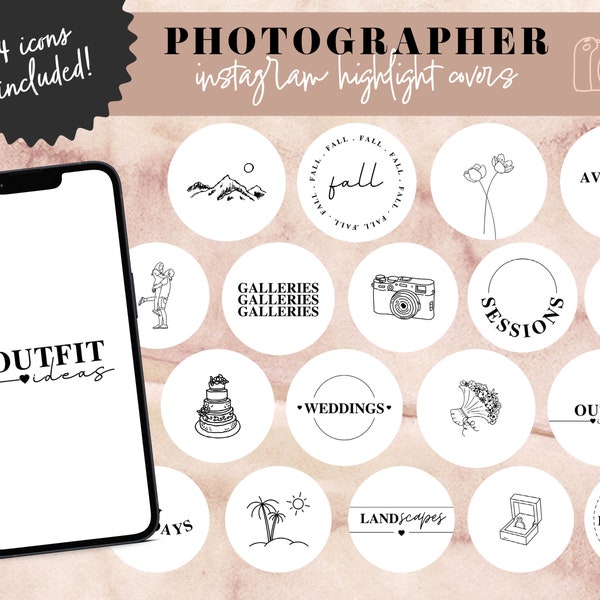 Photographer Instagram Highlight Covers, White Line Art Editable Templates, Photography Business Canva Story Icon, Boho Sticker with Letters