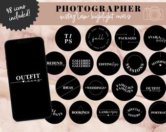 Photographer Instagram Highlight Covers, Black Instagram Templates, Photography Business Canva Story Icon, Boho Modern Stickers with Letters