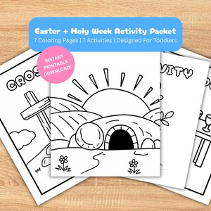 Peut inclure: Plusieurs pages d'activités blanches pour Pâques et la Semaine Sainte, avec des dessins au trait d'une croix, d'un lever de soleil et d'un calice. Les pages sont conçues pour les tout-petits et comprennent des pages à colorier et des activités. Le texte indique "Easter + Holy Week Activity Packet".