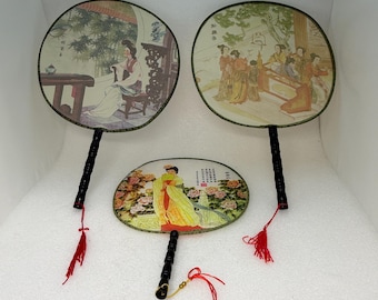 Asian Silk Screen Hand Fans, Set of 3