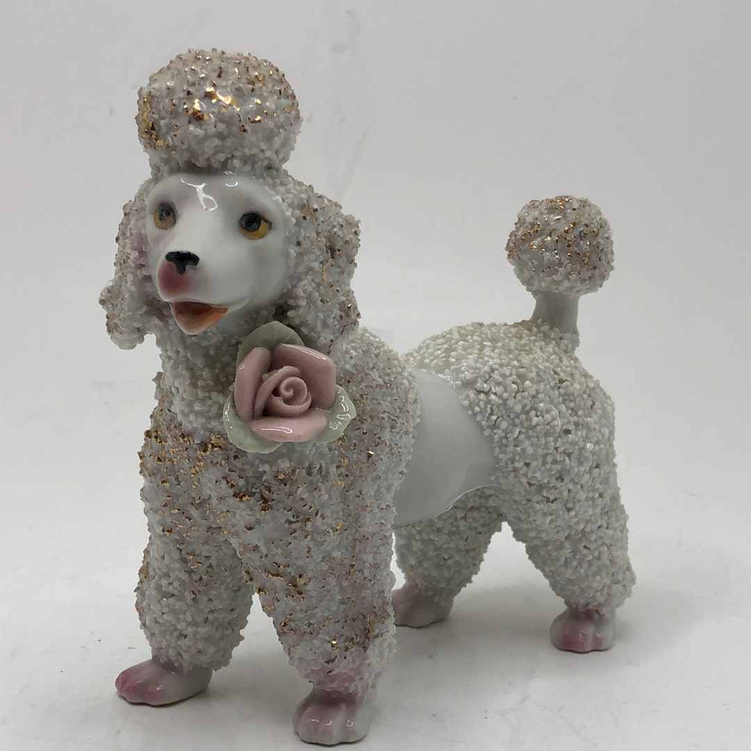 Vintage Ceramic Poodle Figurine in White and Gold With Rose Etsy