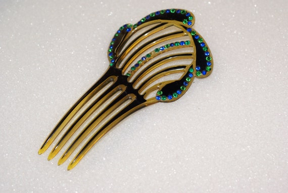 Antique Green Rhinestone Studded Hair Comb - image 1