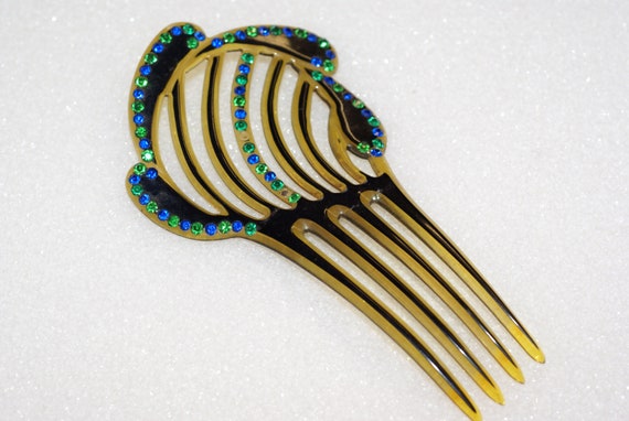 Antique Green Rhinestone Studded Hair Comb - image 2