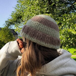 May include: A striped knit beanie in shades of brown and green. The hat is worn by a person wearing a gray hoodie. The background features lush green trees and a glimpse of a building.