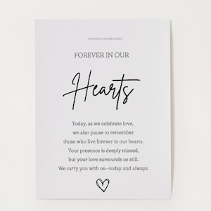 May include: A white card with black text that reads "Forever in our Hearts." The text continues with a message about remembering those who have passed away and how their love surrounds us still. A small black heart is at the bottom of the card.