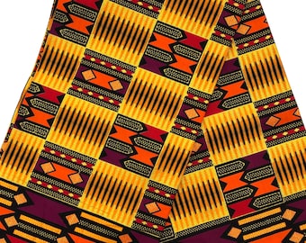 African Ankara Print Fabric by the Yard, Kente Inspired Print fabric, Orange gold glitter Tribal Fabric, Fabric for Sewing, Headwraps