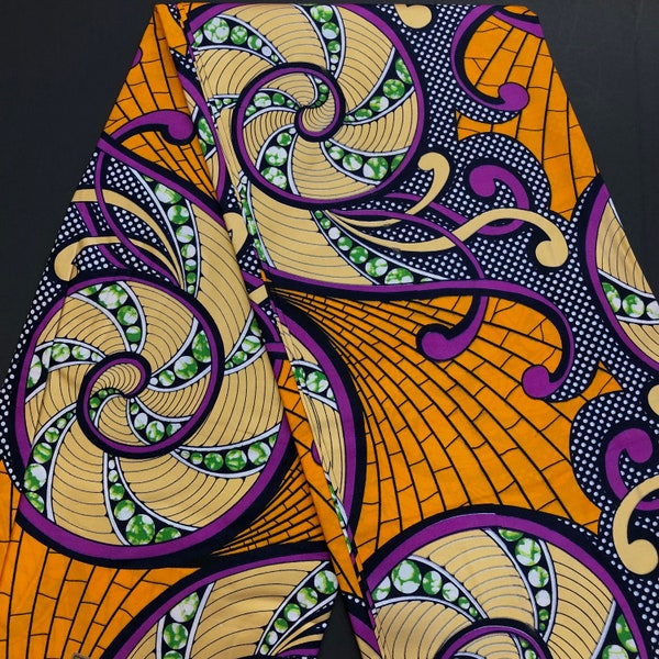 African print fabric, metallic gold embellished Ankara fabric, 6 yards African fabric, face mask fabric, Spinwheel print
