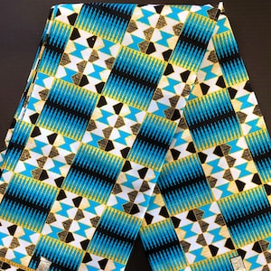African print fabric, Kente print Ankara fabric, bright colors turquoise print fabric, African fabric by the yard, dressmaking skirt fabric