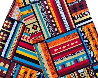 African Ankara Print Fabric by the yard, Multicolor Patchwork Fabric, Bold Geometric Tribal Fabric, Modern African Print for Sewing Decor